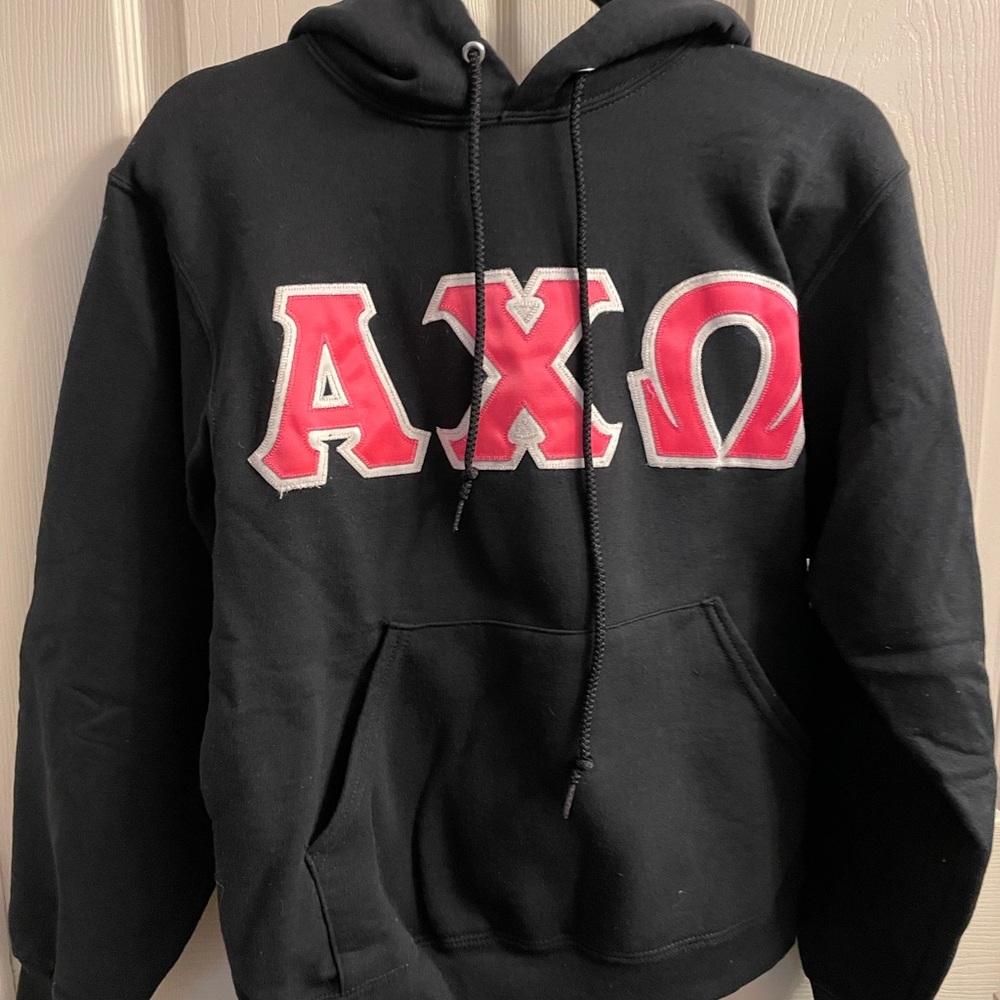 Alpha Chi Omega hoodie with bright pink letters